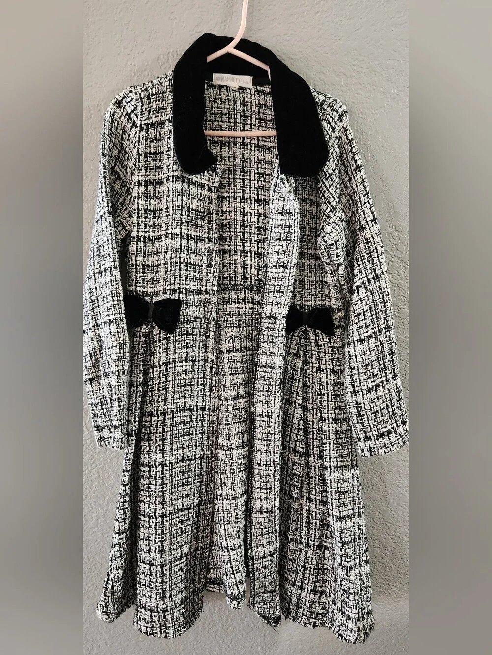 Girls Nannette Black & White Tweed Trench Coat with Velvet Collar